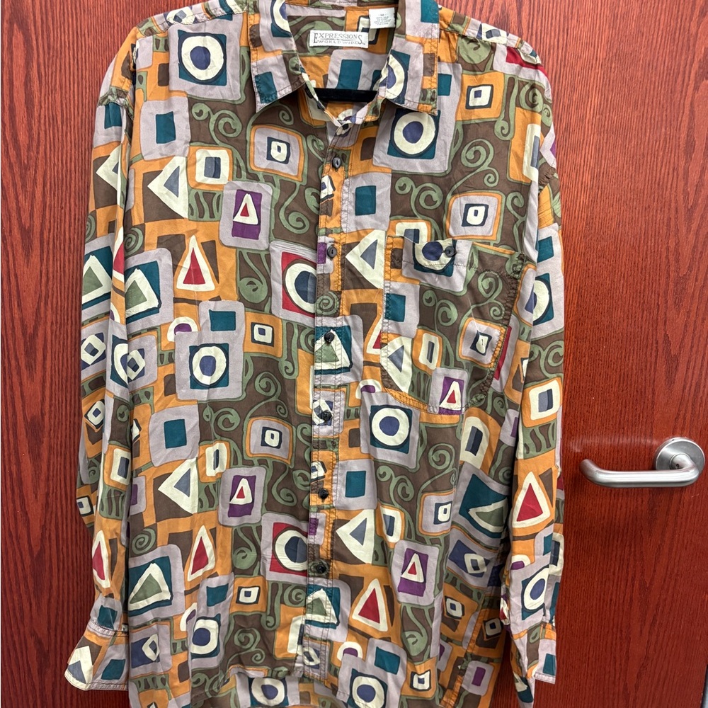 Vtg Expressions Worldwide Silk Men’s Medium Shirt Geometric Abstract Long Sleeve